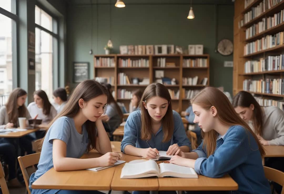 group girls are sitting table one them is reading book