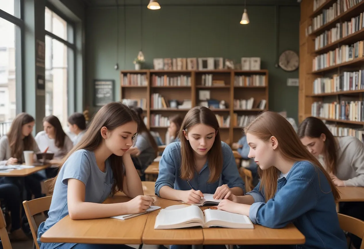 group girls are sitting table one them is reading book